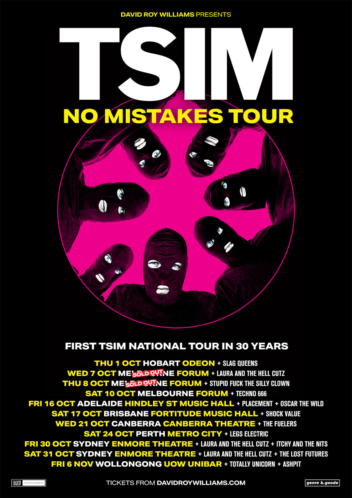 Tour poster for TSIM No Mistakes Tour featuring balaclava-masked faces in a circle and Australian concert dates.